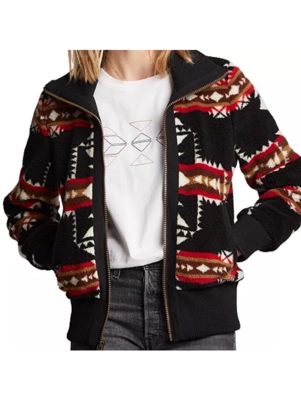 Pendleton Black Aztec-Pattern Fleece Bomber Jacket with Red and Brown Accents